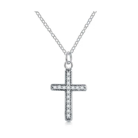 Elegant Sterling Silver Cross Necklace with Sparkling Diamond Zirconia Stones